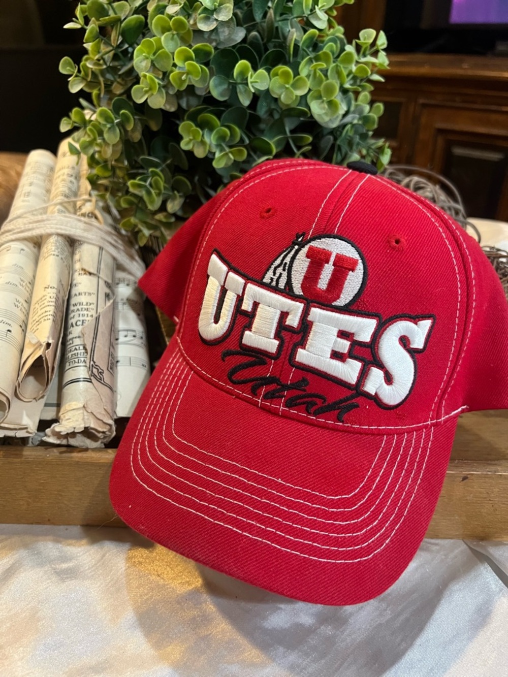 Top of the World Red Utes Hat with White Stitching